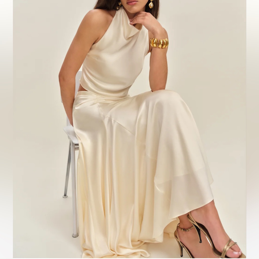 Reformation Cream Silk Halter Maxi Dress